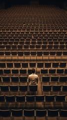 A lone figure sits in a vast, empty auditorium, surrounded by rows of vacant seats, evoking a sense of solitude.