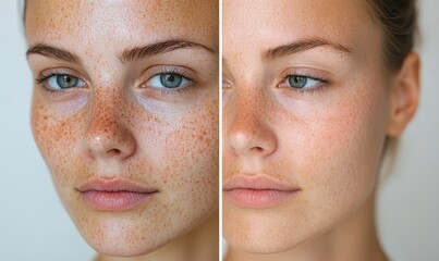 Portrait of a woman with freckles, closeup beauty skincare treatments, and wellness. Makeup confidence and facial treatment transformations displayed through dermatology products, Generative AI