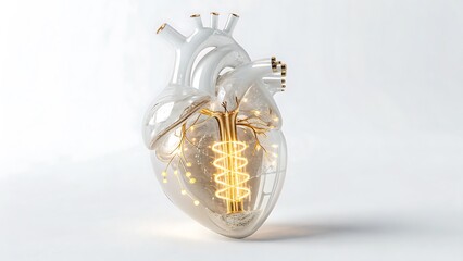 Anatomical glass heart sculpture with a glowing golden light bulb filament inside on a clean white background.