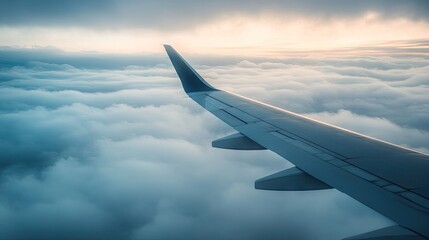 Serene View of Airplane Wing Above Soft Cotton Cloud Layer During Beautiful Sunset in Open Sky, Evoking Feelings of Freedom and Adventure