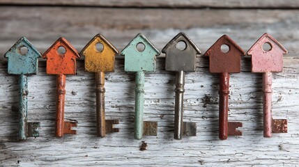 Six colorful, weathered keys shaped like houses arranged on a rustic, white-washed wooden surface
