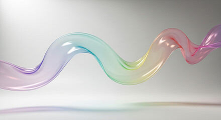 3d abstract liquid glass transparent clear ribbon wave line render. Rainbow fluid flow curve shape with dispersion light, holographic gradient texture. Flying glossy design element