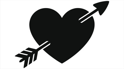 Valentine Heart with Cupid Arrow Vector Icon: Romantic Black Silhouette Symbol for Wedding Invitation, Love Greeting Cards, Dating Apps, Passionate Relationship Graphics and Minimalist Logo Design