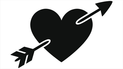 Black heart with arrow vector icon. Valentine's Day Cupid love symbol silhouette. Romantic holiday illustration isolated on white. Flat design graphic element for cards and logos.