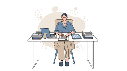 Professional woman working at an organized office desk with multiple documents and devices in a