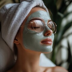 Skincare and beauty portraits of women with face masks in a house, emphasizing wellness and skin care routines. Relaxation with dermatology treatments including anti-aging, Generative AI