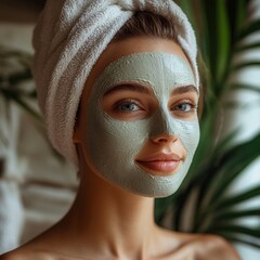 Skincare and beauty portraits of women with face masks in a house, emphasizing wellness and skin care routines. Relaxation with dermatology treatments including anti-aging, Generative AI
