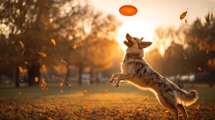 A leaping dog catching a frisbee amidst falling autumn leaves in a park during a sunset