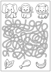 Wild animals maze worksheet for kids, black and white printable animal food activity page