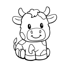 Cow coloring page for kids, black and white simple line farm animal illustration