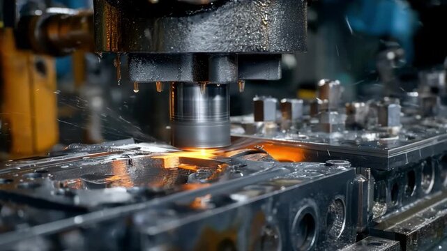 Closeup of zinc die casting machine shaping intricate automotive parts with molten zinc alloy in industrial workshop environment.
