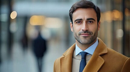 Confident man in stylish coat and tie standing outdoors in a modern urban environment with blurred background and warm lighting during the day