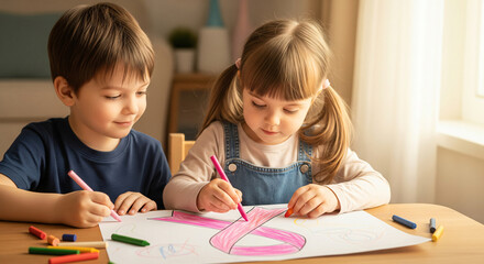 Child girl drawing pink ribbon. Student project on breast cancer awareness. Think pink week in school. Children paint health care poster. Support and sympathy sign