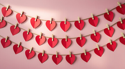 Red paper hearts hanging on strings with clothespins