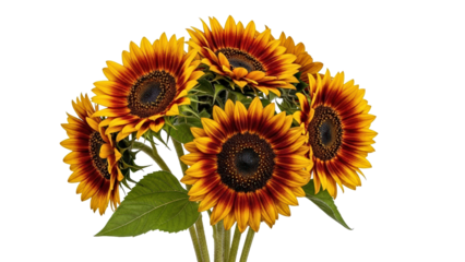 Vibrant red and yellow bicolor sunflowers bouquet isolated on transparent background
