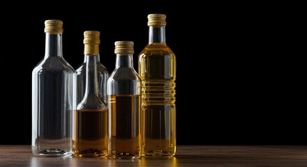 Naklejka premium Bottles of common culinary liquids, clear vinegar and golden sunflower oil, essential ingredients for salad dressings and general cooking ,dressing ,yellow ,health