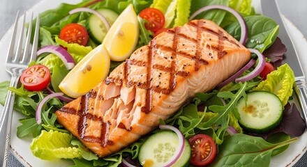 Grilled Salmon Salad with Fresh Vegetables and Lemon.