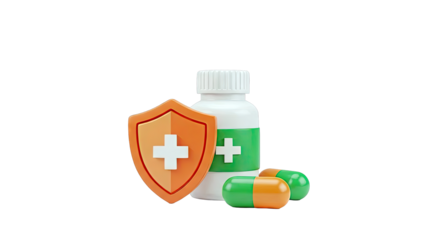 Medical Shield, Pills, and Bottle 3D Render