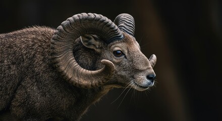 Close up of an unusual mammal: a small, furry rodent displaying impressive, thick, curling horns resembling those of a wild ram ,mountain ,animal ,strong