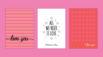 Valentine's Day greeting card set featuring love quotes, heart patterns, and pink vector templates for romantic invitations