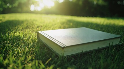 Book Lying Open on Green Grass in Warm Sunlight Surrounded by Nature in a Peaceful Outdoor Setting Ideal for Relaxation and Reading