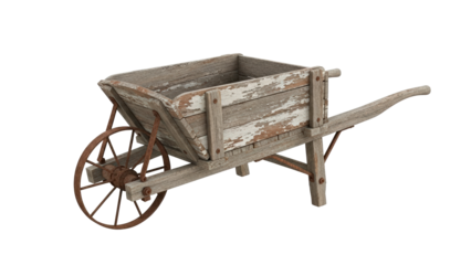 An old rustic wheelbarrow with visible wood grain and distressed paint, set against a bright backdrop. The design showcases an antique, weathered look, evoking nostalgia and a sense of history