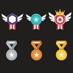 Game award icons set with badges, medals, and ribbons. Vector illustration of winner achievements with stars, shields, and crowns