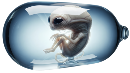A unique view of a baby alien enclosed within a glass container, highlighting the concept of extraterrestrial life 