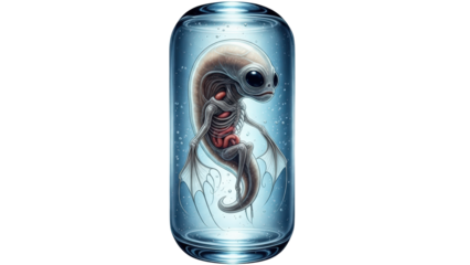 An alien creature preserved in a glass container, showcasing the mysteries of extraterrestrial life 