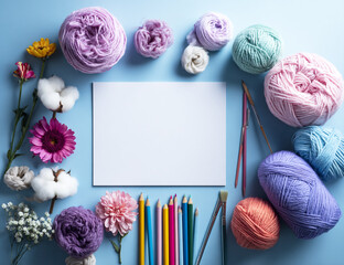 Colorful yarn, pencils, and flowers surround a blank page for creative inspiration