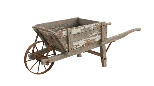 An old rustic wheelbarrow with visible wood grain and distressed paint, set against a bright backdrop. The design showcases an antique, weathered look, evoking nostalgia and a sense of history
