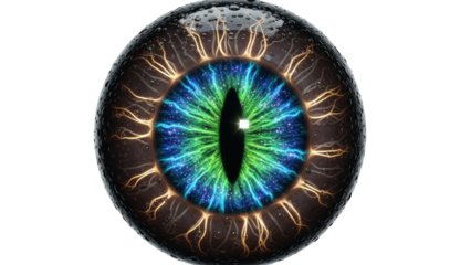 An intricate and captivating close-up of a reptile eye, showcasing striking colors and intricate details. The eye appears to be watchful and full of life