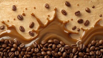 A close-up view of caramel sauce splashing on coffee beans and creamy coffee background