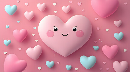 Smiling pink heart surrounded by smaller hearts cartoon