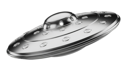A metallic UFO in a bright and mysterious light. The spacecraft has several circular lights on the bottom, with a rounded top. A vision of the future or an enigma from the universe