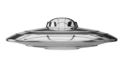 A sleek, metallic UFO, isolated against an uncluttered backdrop. The craft's design evokes a sense of futuristic technology and the unknown
