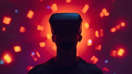 A person wearing a virtual reality headset in a dark room with vibrant red and orange lights