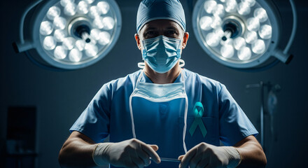 professional surgeon in blue scrubs and a surgical mask, performing a delicate operation under bright operating room