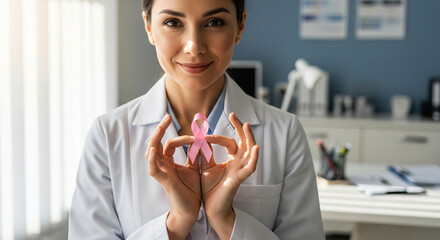 World breast cancer day and healthcare and pink ribbon in doctor crayfish.