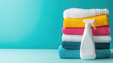 Stack of Colorful Towels with a White Spray Bottle on Blue Background for Cleaning and Household Use