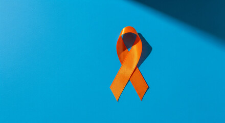 World Multiple Sclerosis Day. Horizontal banner. Copy space. Orange ribbon on a background for leukemia, kidney cancer, multiple sclerosis RSD awareness