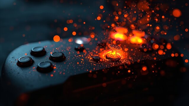 A close-up of a video game controller with glowing orange sparks flying off it.