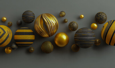 A dynamic arrangement of textured black and gold spheres on a neutral surface
