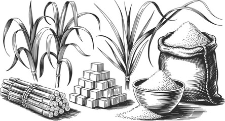 Sugarcane Harvest and Sugar Production Line Art Illustration. © NASRIN