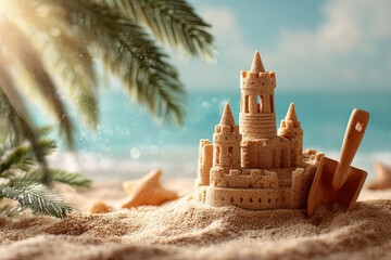 Detailed sandcastle fortress on a sandy beach with a wooden shovel and starfish