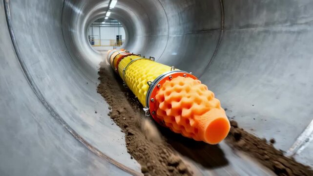 Medium shot of foam pipeline pig moving through a large industrial pipeline efficiently cleaning interior surfaces in a controlled environment.