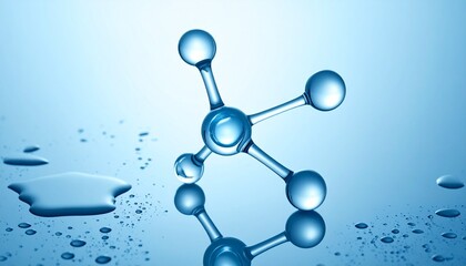 Artistic molecular structure with transparent spheres and rods on glossy blue background with water droplets.