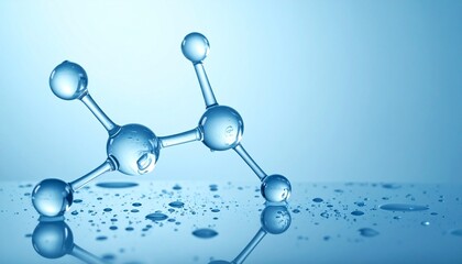 Artistic molecular structure with transparent spheres and rods on glossy blue background with water droplets.