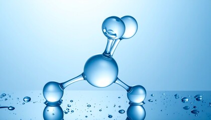 Artistic molecular structure with transparent spheres and rods on glossy blue background with water droplets.