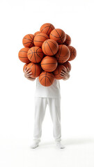 A person in white clothing holds a large, spherical cluster of basketballs, completely obscuring their head, against a clean white background.